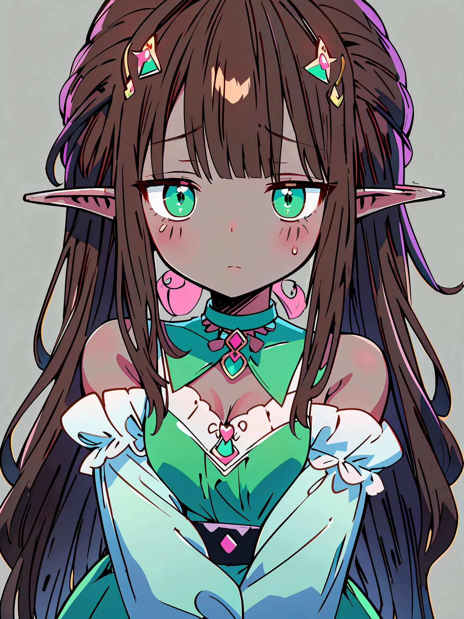 {{{{masterpiece}}}}, {{{Super detailed}}}, {{{high resolution}}}, {{good anatomy}}, (((best quality))),((emerald eyes,brown hair)),{{Extremely detailed and refined}}, {4k CG wallpaper}, {{illustration}}, ((dark skin,african lady,dark brown skin)),((bust shot,bigger eyeballs)),(high ponytail|Detailed hair|blunt bangs|shiny hair),(((elf))),{pink pajama,long sleeves},,{{{emotionless,milf,mature face}}},(lesbian,mystery,intoxicated,1 woman:1),small breasts,(Color difference:1.2),(simple background),(arms down)