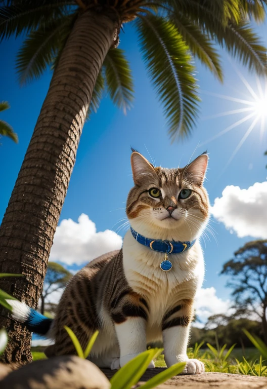 Gato gordo bem pequeno azul e branco, bem fofinho, bem gordinho, com patinhas bem gordinhas, vibrant fur, playful expression, luz solar salpicada, atmosfera serena, blurred background with varied trees, Extravagant scenery, textura de pele detalhada, cores brilhantes e vivas, realista estilo, high resolution, natural lighting, peaceful and harmonious composition.