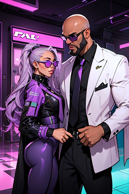 An alluring yet shy intergalactic woman (Purple, White Gradient Long Hair, Indifferent, Kind) partying in a cyberpunk dance club alongside a African American male (tall ,bald headed, bearded) wearing sunglasses and a suit and tie.