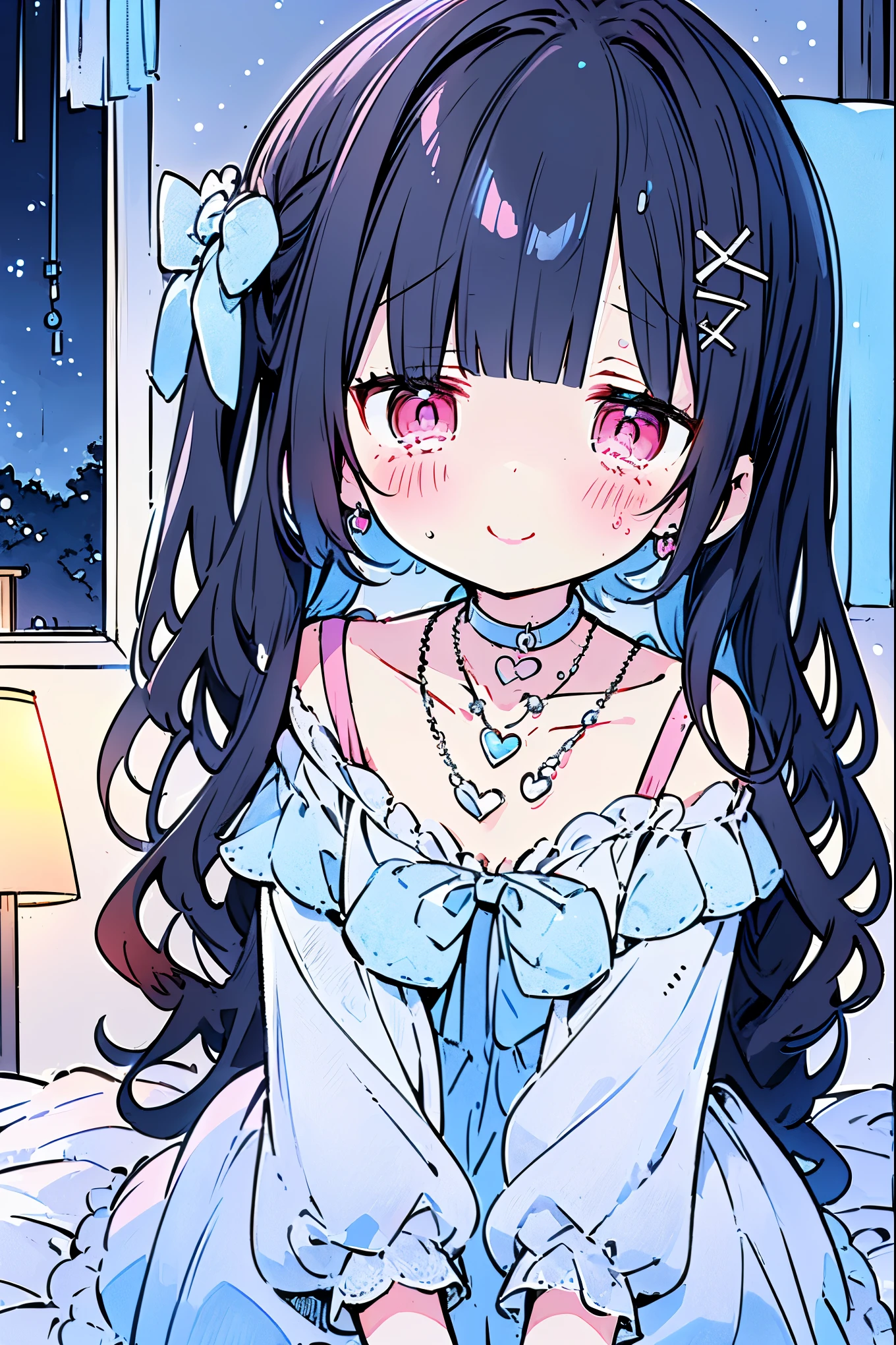 {{{{masterpiece}}}}, {{{Super detailed}}}, {{{high resolution}}},{{high resolution:1.3}}, {{good anatomy}}, (((best quality))), ((on the bed,indoor,blue theme,anime style,anime girl)),(((pink eyes,dark black hair))),(big perfect eyes),((yandere,dark eyelash)),(((smart casual in pale blue color,collarbone,white dress, jewelry, choker,necklace,dark atmosphere,night time))), hairclip, {8k cg wallpaper}, {{illustration,zoom in,focus on face,close-up shot, looking out a window}},((ahoge|floating hair|blunt bangs|short hair|curly perm))smile,(1girl:1), bride,solo,alone,(Color difference:1.2),(yandere smile,evil smile,Dark circles),blushing,neat face,(medium breasts),((The details are complex、Shallow depth of field、weak lighting、a Canon EOS R5、50mm lens、f / 2.8、shot at 8k resolution))