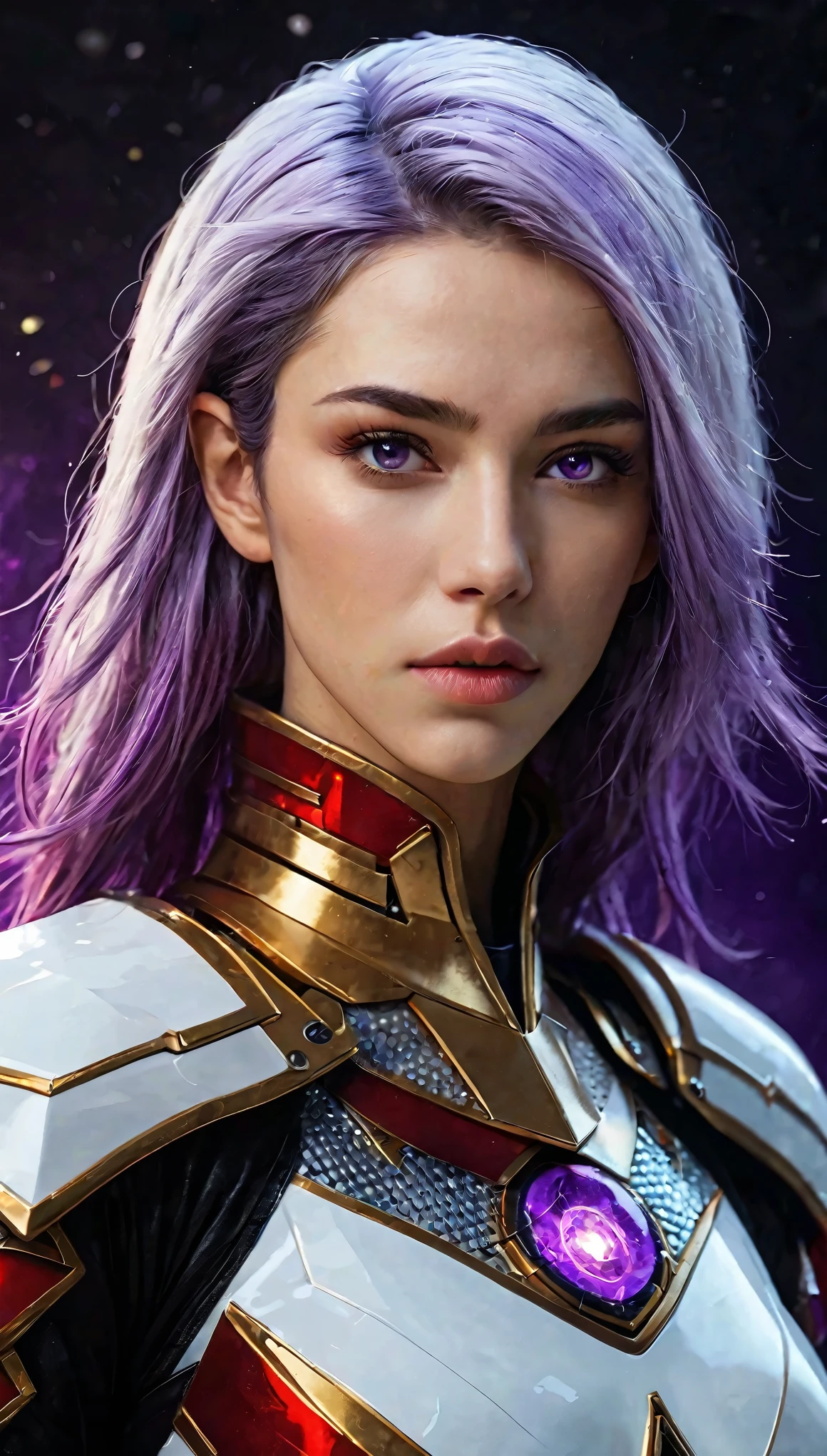 (best quality,4k,8k,highres,masterpiece:1.2),ultra-detailed,(realistic,photorealistic,photo-realistic:1.37), girl and man, girl ( cryptic girl,red eyes,detailed lips,(long hair:1.5),(purple white gradient hair:1.5), indifferent,kind), man (tall, with short messy black hair and beard, golden armor, brown eyes, scars on face and neck), sci-fi, cryptic star, vivid colors, in front of viewer