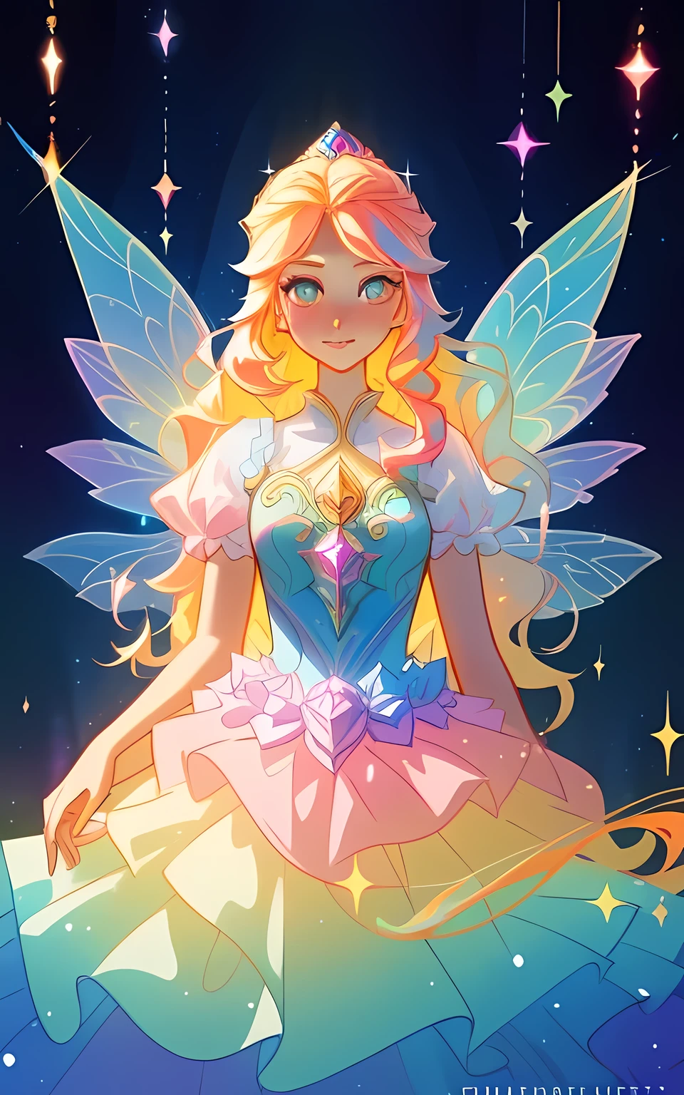 beautiful girl, puffy tiered rainbow ballgown, princess, intricate dress design, (colorful), long wavy hair, magical lights, sparkling magical liquid, inspired by Glen Keane, inspired by Lois van Baarle, disney art style, by Lois van Baarle, glowing aura around her, by Glen Keane, jen bartel, glowing lights! digital painting, flowing glowing hair, glowing flowing hair, beautiful digital illustration, fantasia background, whimsical, magical, fantasy, ((masterpiece, best quality)), intricate details, highly detailed, sharp focus, 8k resolution, sparkling detailed eyes, liquid watercolor