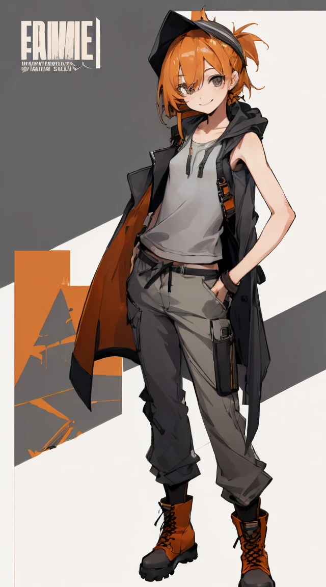 ((highest quality)), ((masterpiece)), (Familiar),,Female Clementine,overload,{{Browsing Caution}},Sleeveless hoodie,Grey Shirt,cargo pants,Captivating smile,whole body,boots,Long coat,Erect nipples,Flat Chest
