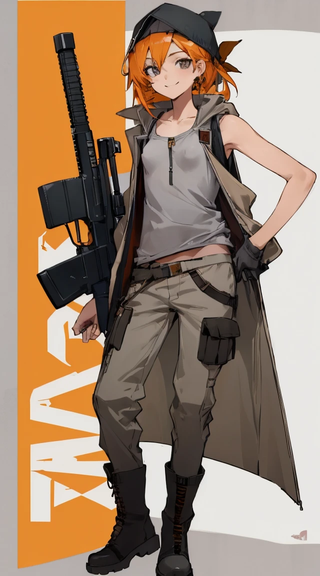 ((highest quality)), ((masterpiece)), (Familiar),,Female Clementine,overload,{{Browsing Caution}},Sleeveless hoodie,Grey Shirt,cargo pants,Captivating smile,whole body,boots,Long coat,Erect nipples,Flat Chest
