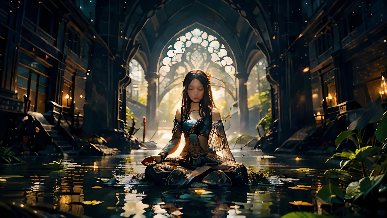 A person meditating in the foreground, surrounded by intricate patterns and designs. She sits cross-legged with her eyes closed, exuding a sense of peace and tranquility. In the background, a serene lake can be seen with a beautiful lotus flower floating in the water. The illustration style is detailed and ornate
The perspective is slightly elevated, giving the scene a sense of depth. The soft, ethereal lighting enhances the overall peaceful and meditative atmosphere of the image.