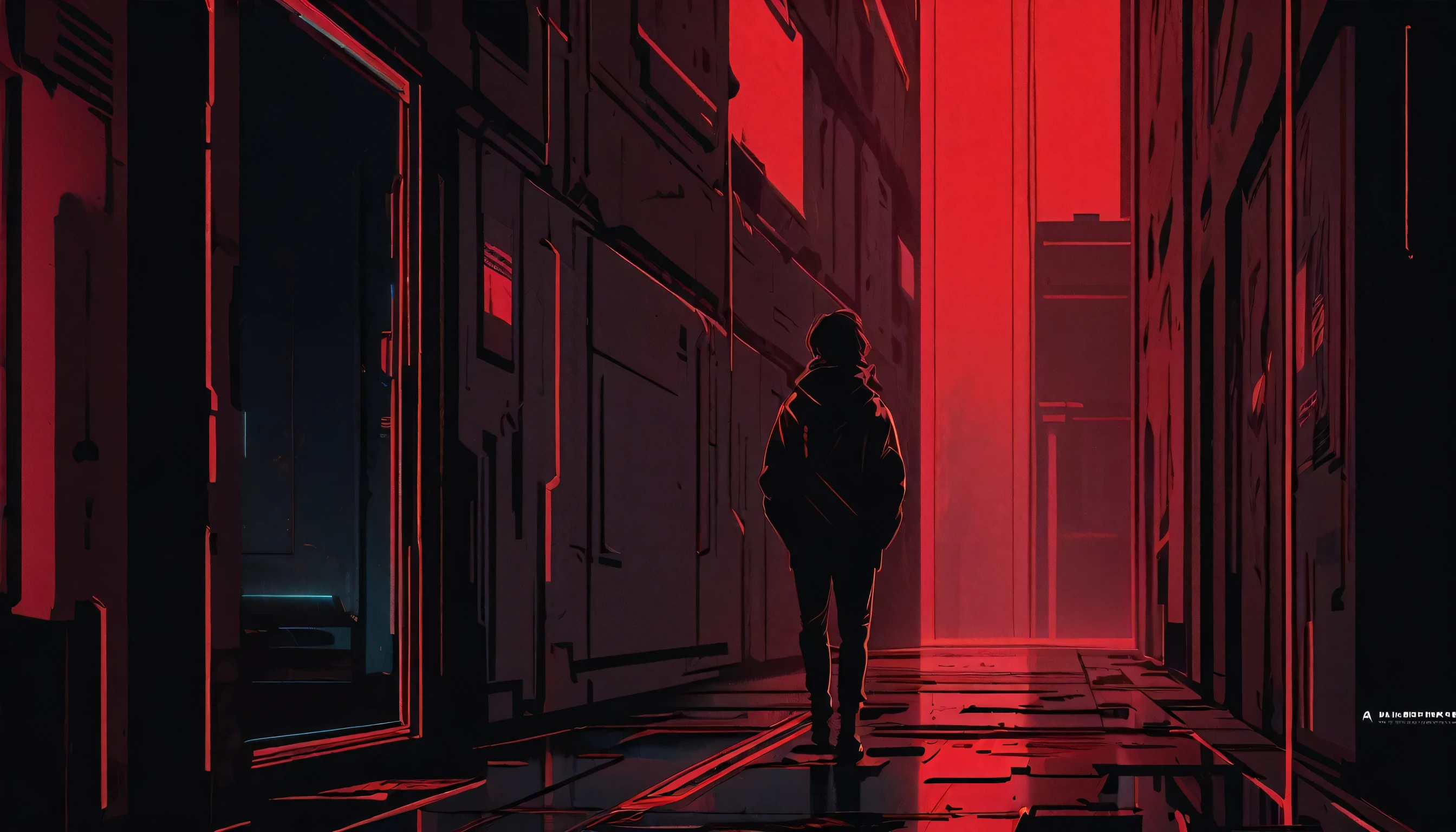 Digital art, with red tone with high contrast, high presence of dark spaces, in a cartoon style, defined drawing lines, soft lighting, movie poster, a man from behind using his notebook in an empty office room. A gloomy atmosphere is depicted, cyberpunk art style, feeling of loneliness, liminal space, empty space, empty setting, poster