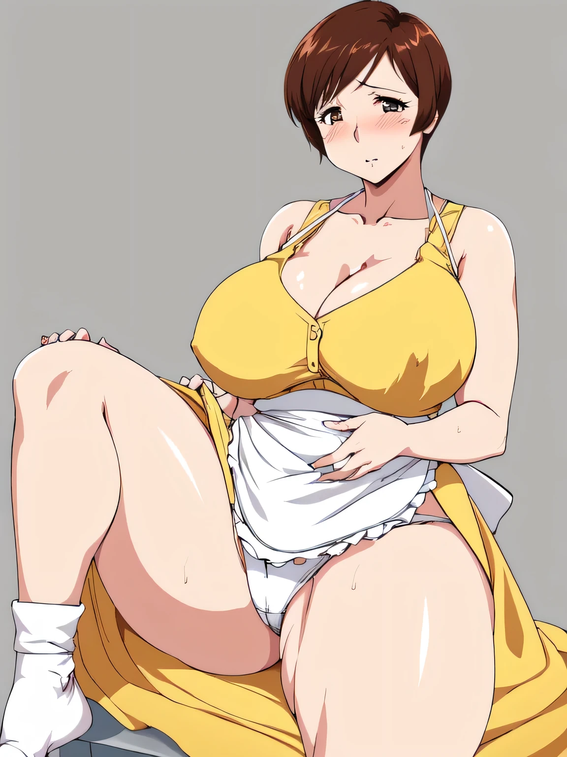 masterpiece, highest quality, High resolution, One girl, alone, sexual intercourse, Pornographic images, short hair, etsukoto, Fine grain, Fine grain, (((Thick thighs, Plump thighs, Voluptuous thighs, Enough thighs))), Big and ample breasts, Cleavage, Huge long breasts, Naughty big,((Big breasts are important))、((Naughty thighs)), L Cup, (thin:1.4),(Narrow waist:1.4), (Perfect beautiful yellow dress:1.4), ((white waist apron)), Embarrassed look, avert your eyes, (((simple background))), ((White panties)), ((Wide Hips)), Shiny oily skin, Mature mother, Calf, Seductive mature woman, Perfect body, (((Thick))), Plus Size Model, etsukoto, blush, clavicle, retro artstyle, 1990s (style), sitting, (((female masturbation, grabbing crotch in panty))), ((nsfw)),
