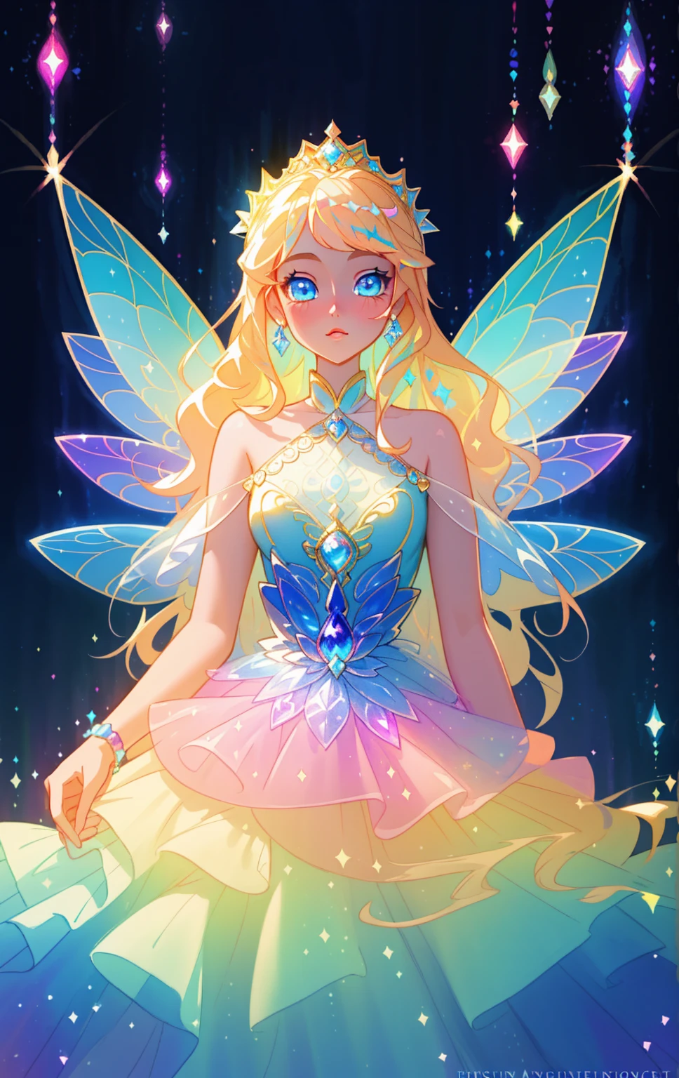 beautiful girl, bright blue detailed eyes, pretty blue eyes, sparkling eyes, puffy tiered rainbow ballgown, princess, intricate dress design, (colorful), long wavy hair, magical lights, sparkling magical liquid, inspired by Glen Keane, inspired by Lois van Baarle, disney art style, by Lois van Baarle, glowing aura around her, by Glen Keane, jen bartel, glowing lights! digital painting, flowing glowing hair, glowing flowing hair, beautiful digital illustration, fantasia background, whimsical, magical, fantasy, ((masterpiece, best quality)), intricate details, highly detailed, sharp focus, 8k resolution, sparkling detailed eyes, liquid watercolor