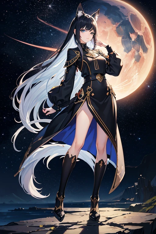 ((best quality)), ((masterpiece)), (detailed), perfect face anime style, 17 year old girl, full body picture, slim, long black hair, blue eyes, white skin, black wolf ears and tail, out on a night stroll with perfect view of space and stars above, Cosmo powers illuminating from her right palm, wearing a