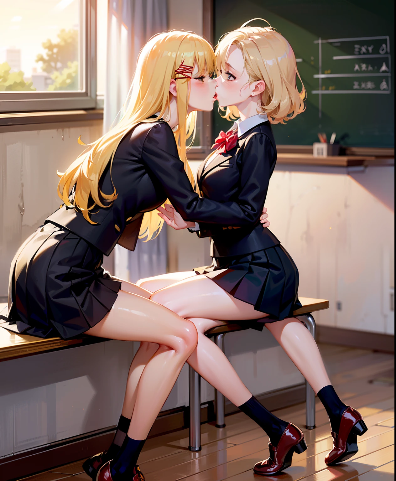 Dynamic posing, dynamic angle, Arrange pose,Top quality work,Show Legs,((short wavy Creamy Golden Blonde hair)),(Creamy Blonde hair),(short hair),(wavy hair),(golden eyes), ( ), lovely red lips, Rose cheeks, Pretty Face, A perfectly proportioned face, school shirt with red bow and black skirt, (school uniform), white stockings,in classroom,full-body view, amazing, Large round chest、Beautiful eye details、Beautiful eyelashes、beautiful double eyelid, with blush cheeks, talking to viewer, anime vtuber full body model, casual real life,(((kiss)))