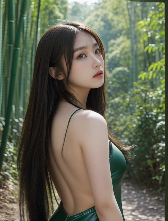 {(masterpiece,highest quality, 8K Ultra HD, Extremely detailed CG, Beautiful Face, eye, Skin and hair detail), Erect nipples,highest quality, 8k, Highly detailed face and skin texture, Wearing a short, backless green latex dress in a bamboo forest、big ass long hair asian girl, View your viewers, Back view, Sharp focus