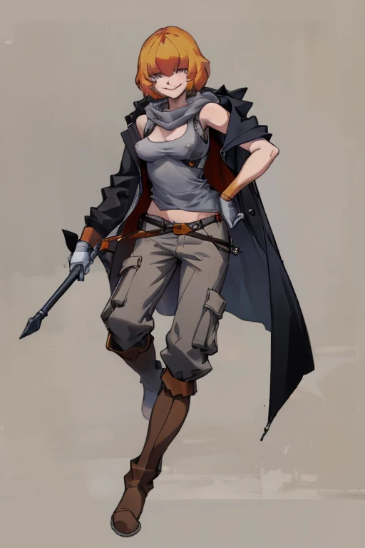 ((highest quality)), ((masterpiece)), (be familiar with),Clementine,Overload,{{nsfw}},Sleeveless hoodie,Grey Shirt,cargo pants,Bewitching Smile,whole body,boots,Long coat,Erect nipples