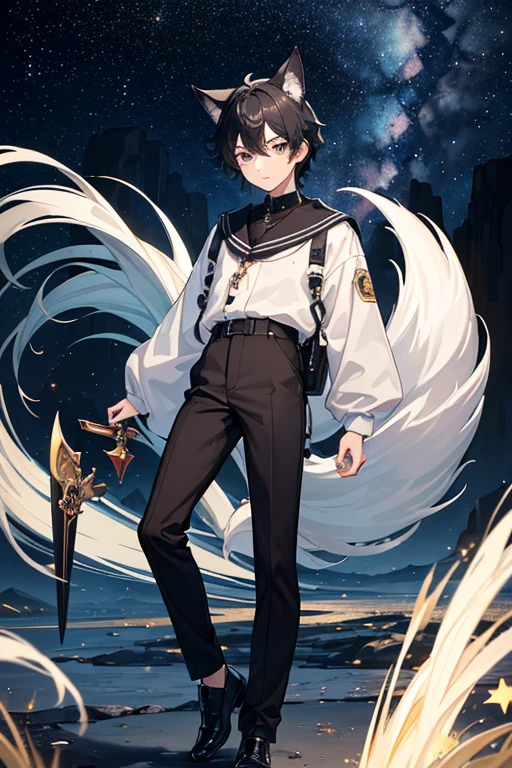 ((best quality)), ((masterpiece)), (detailed), perfect face anime style, 17 year old school boy, full body picture, slim, black hair, light gray eyes, white skin, black wolf ears and tail, out on a night stroll with perfect view of space and stars above, wearing a 