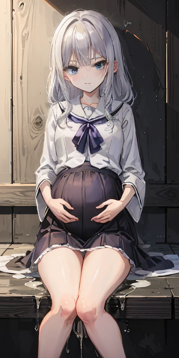 Elaina, white ash hair, anime girl, white shirt, black skirt, (black robe: 1.2), pale face, sweat, heavy breath, blush, pregnant, Pregnant  belly, (best quality:1.2), ultra detail, realistic ,portraits, vivid colors, soft lighting, interesting PoV, (pee is white:0.7), spread kneel, (the girl is leaking pee: 1.3), straight hair