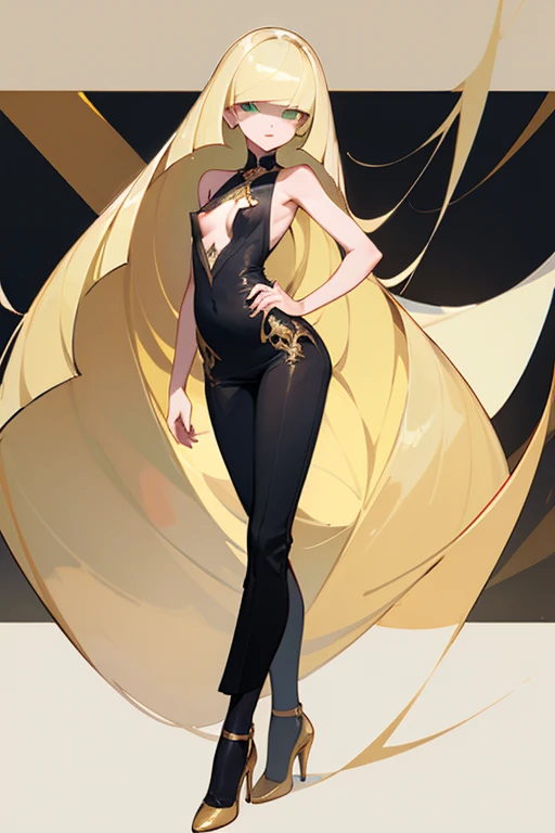 ((highest quality)), ((masterpiece)), (be familiar with), {{nsfw}},Lusamine,Slender,slender,long blonde hair,small breasts,erect nipples,adult women,green eyes,slanted eyes,sleeveless dress,black dress,long skirt,high heels,Bewitching