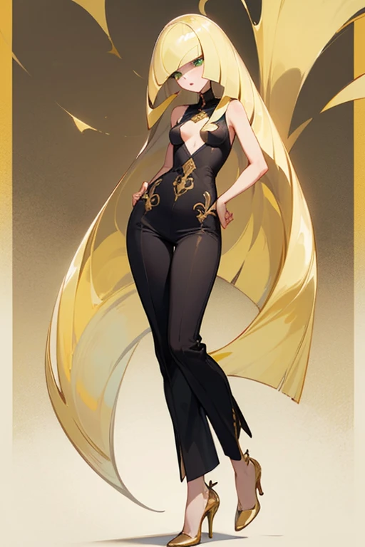 ((highest quality)), ((masterpiece)), (Familiar), Lusamine,thin,thin,Long blonde hair,Small breasts,Erect nipples,Adult female,Green Eyes,Slanted Eyes,Sleeveless dress,Black Dress,Gold embroidery,Pants Style,High heels,Fascinating