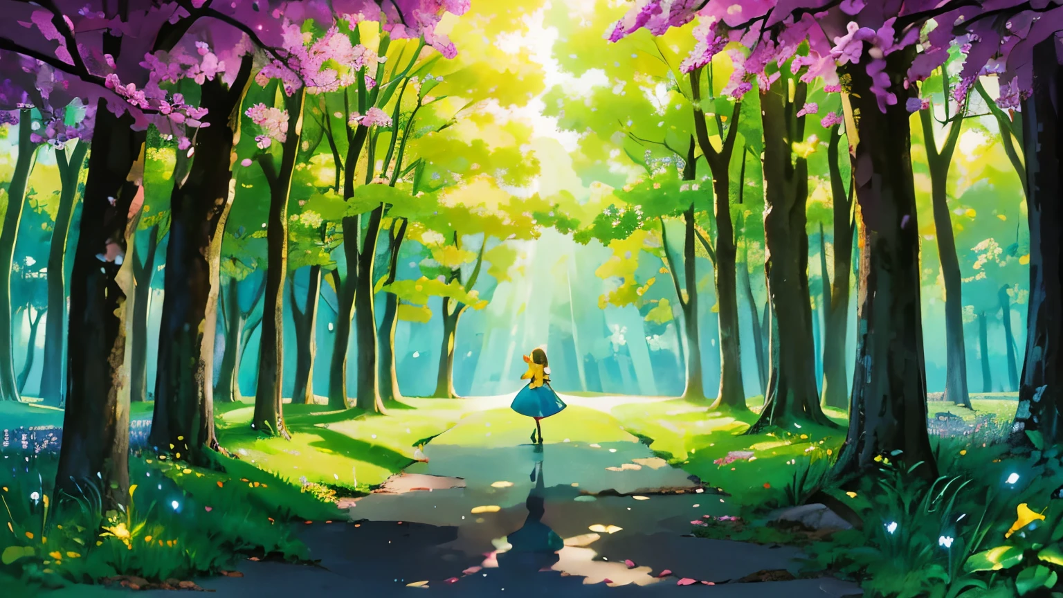 In a whimsical, vibrant 2D anime village, nestled amidst a kaleidoscope of colors, a youthful mage, characterized by a sharp face, striking jawline, and radiant eyes, is immersed in the intricate dance of harnessing her magical might. The scene is bathed in the warm, golden light of a resplendent sun, casting long, elegant shadows that lend an air of serene majesty to the tranquil village. The light filtering through the leaves of the surrounding trees paints the atmosphere with a prismatic hue, casting a spell of enchantment upon the onlooker. This exquisite masterpiece, rendered in the