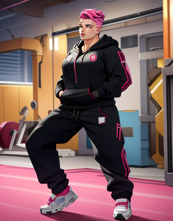 (masterpiece, best quality),  intricate details,
1girl,  zarya, black hoodie, pink sweatpants, full body 