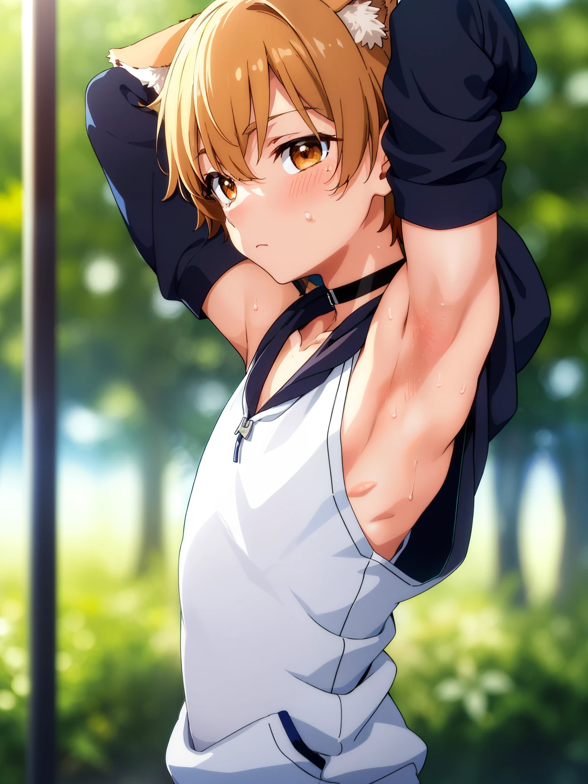 Highres, Masterpiece, Best quality at best,Best Quality,hight quality, hight detailed, 1boy, Boy, Dog boy, Dog ear, Messy hair, Side bangs, Shota, Sweat, Sleeveless hoodie, choker, Depth of field, Anime screencap style, thin line, Seen from the front, Little sweat, forest, Cute boy, (Showing armpit:1.3), Smooth armpit, Clean armpit, (very small and short stature), (very young boy), 12-year-old boys, Blurry and simple beckground, bokeh, Uhd