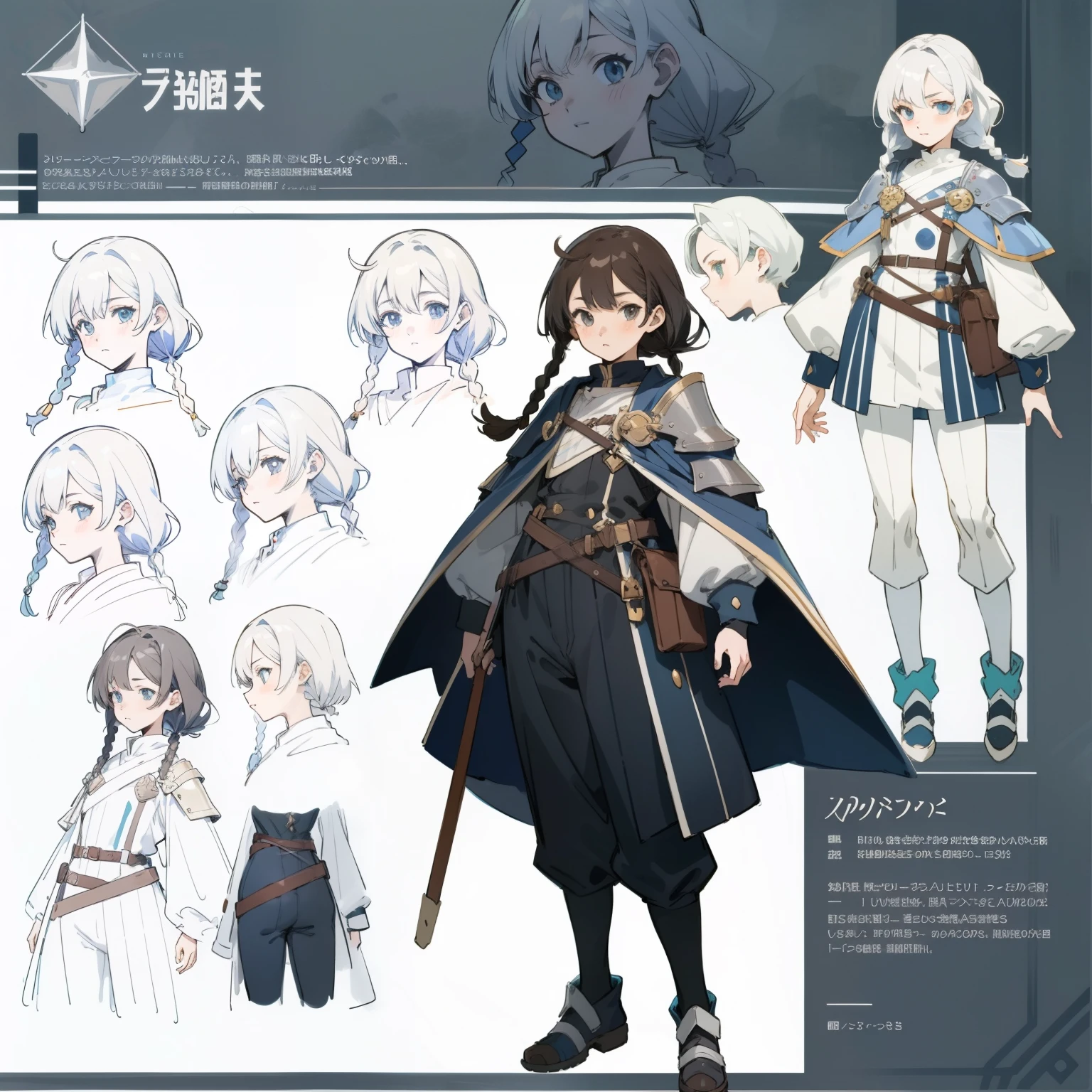 anime - style image of a character with a variety of hair and accessories, anime set style, anime character reference sheet, fantasy uniform, flat anime style, anime full body illustration, full_body!!, complete detailed body, extra detailed body, anime vtuber full body model, soft anime illustration, anime style character, clean detailed anime style, dungeons and dragons, knight, reference sheet, concept art, fantasy, female, girl, braids, dark hair,