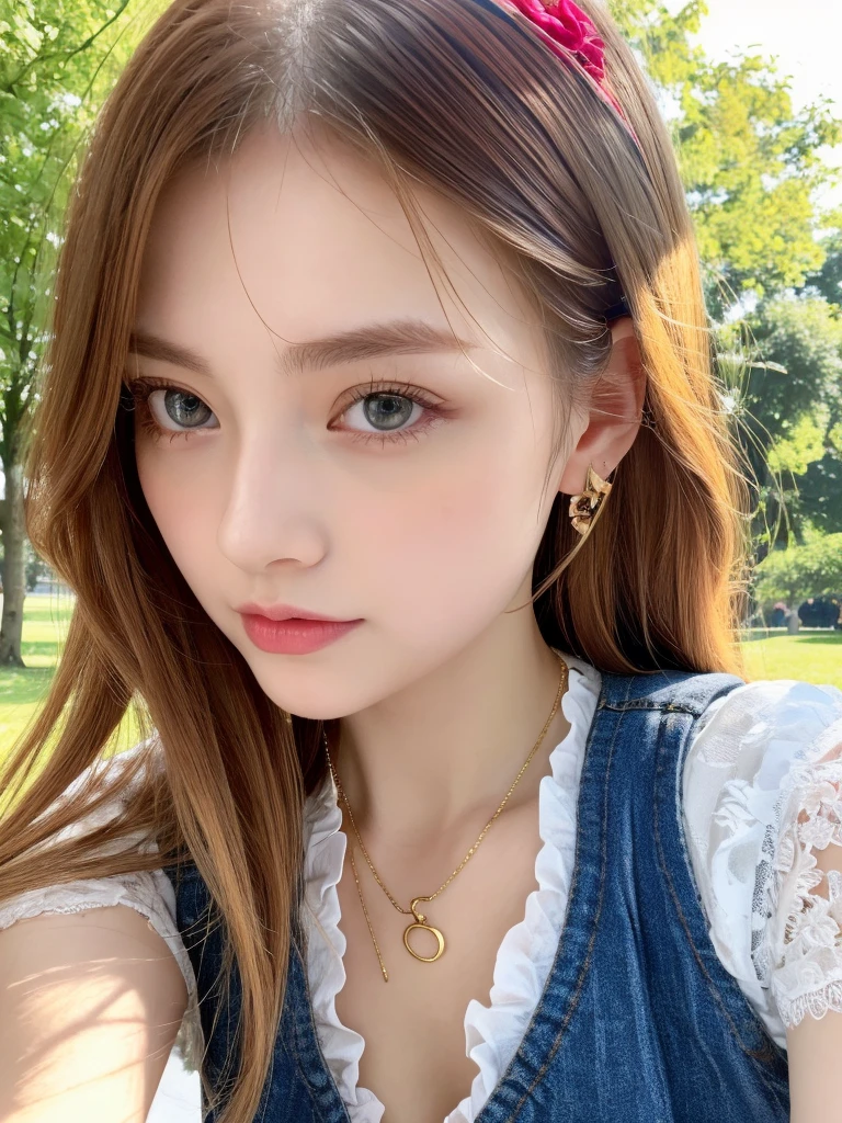 (best quality,highres:1.3), Korean girl, White skin, Gold lace camisole vest， beautiful clear eyes，Blue pupils, beautiful necklace and earringedium, Delicate slender face，Lovely lips, extremely detailed face and eyes, long red-yellow hair, beautiful upper body:1.2, random-colored shirt, short jeans, in the park, flower on the table, medium chest, revealing cleavage