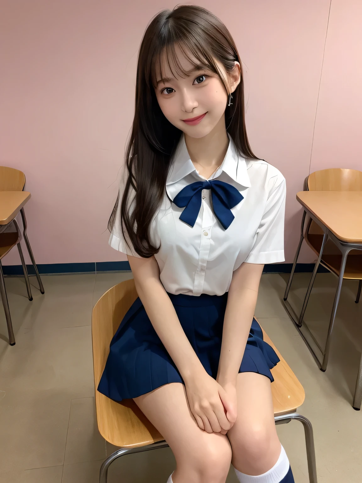 highest quality、Blonde、figure、 Blonde、Cleavage、Ultra-detailed、High resolution、8k wallpaper、Perfect dynamic composition,、Beautiful fine details、Natural color lip、Bold sexy pose、smile、17-year-old girl、cute、Sexy shot looking at the camera、(highest quality: 1.3), (masterpiece: 1.3), (Super Detail: 1.3), (One Girl: 1.1), (Detailed hands and fingers:1.2)、(Ultra-oily, lustrous skin with attention to detail:1.1)、Oily shiny knee socks、(The perfect school girl uniform:1.3)、Short sleeve dress shirt、(Beautiful shapely small breasts:1.3)、(Navy blue mini skirt:1.2)、Sitting in a chair、I can see your thighs、Brown Hair、short hair、Twin tails、Beautiful sister、Pink wall,sexy、I can see your thighs、