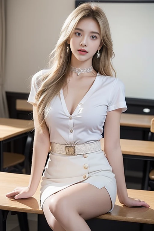 (8k,high resolution,Masterpiece, best quality, alone, complicated details, Chromatic aberration), realistic, ((Moderate breath)), hair in one eye,purple eyes, round hoop earrings, sharp eyes, Choker decorated with diamonds, (symmetrical eyes),(Perfect symmetrical body),Photo of a beautiful 21 year old teenage girl.,(fit the body), ,Beautiful and charming with contemporary fashion paintings as well....., looking at the audience, ((Behind the scenes of a large classroom)), (black short skirt), ((The young woman wore a form-fitting white short-sleeved shirt.., Unbuttoning the buttons, Revealing a little breast..)), ((A short black pencil skirt with a deep slit on the side...)), belt, ((Put your hands down.)),blonde hair, Bob, long hair, Side flatness,,blonde hairทองแดง, sit, sharp eyeliner, Blush eyeshadow with thick eyelashes, Very delicate and beautiful, round chin, Sharp focus, elegant,sit on the study table Lift one leg to eye level., The legs are slightly spread apart...,dynamic gesture,
