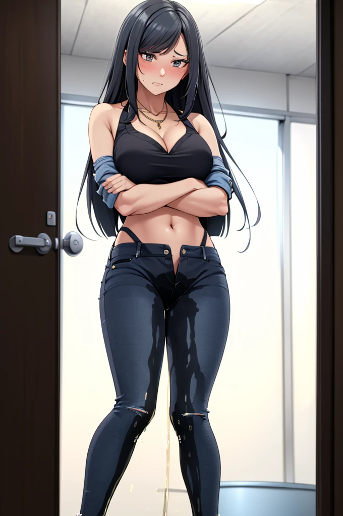 A woman with very long black hair and (very long bangs:1.5), wearing a stylish jacket and tight jeans, (low-rise jeans:1.25), (low-cut jeans:1.25), standing. The artwork is inspired by manga and incorporates a doujin style. The woman appears to be (wetting herself:1.5), which causes her to feel embarrassed and humiliated, resulting in a blush on her face. In addition, there is an air of anger in her expression. The lighting in the scene is moody, with a spotlight highlighting the woman's figure. She is crossing her arms, (arms crossed:1.5), fully showcasing her jeans., large breasts, navel, midriff, groin, mound of venus, cleavage, diamond necklace, unzipped pants, bikini top