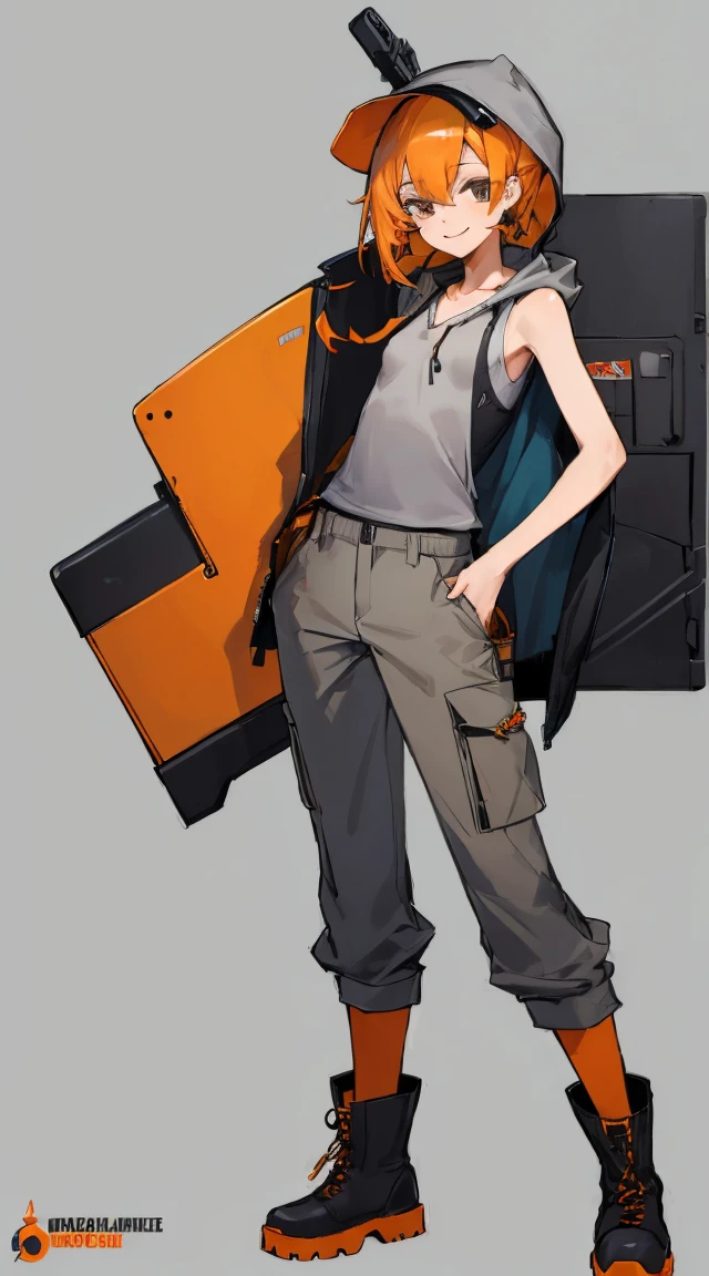 ((highest quality)), ((masterpiece)), (Familiar),,Female Clementine,overload,{{Browsing Caution}},Sleeveless hoodie,Grey Shirt,cargo pants,Captivating smile,whole body,boots,Long coat,Erect nipples,Flat Chest