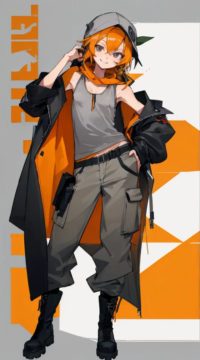 ((highest quality)), ((masterpiece)), (Familiar),,Female Clementine,overload,{{Browsing Caution}},Sleeveless hoodie,Grey Shirt,cargo pants,Captivating smile,whole body,boots,Long coat,Erect nipples,Flat Chest