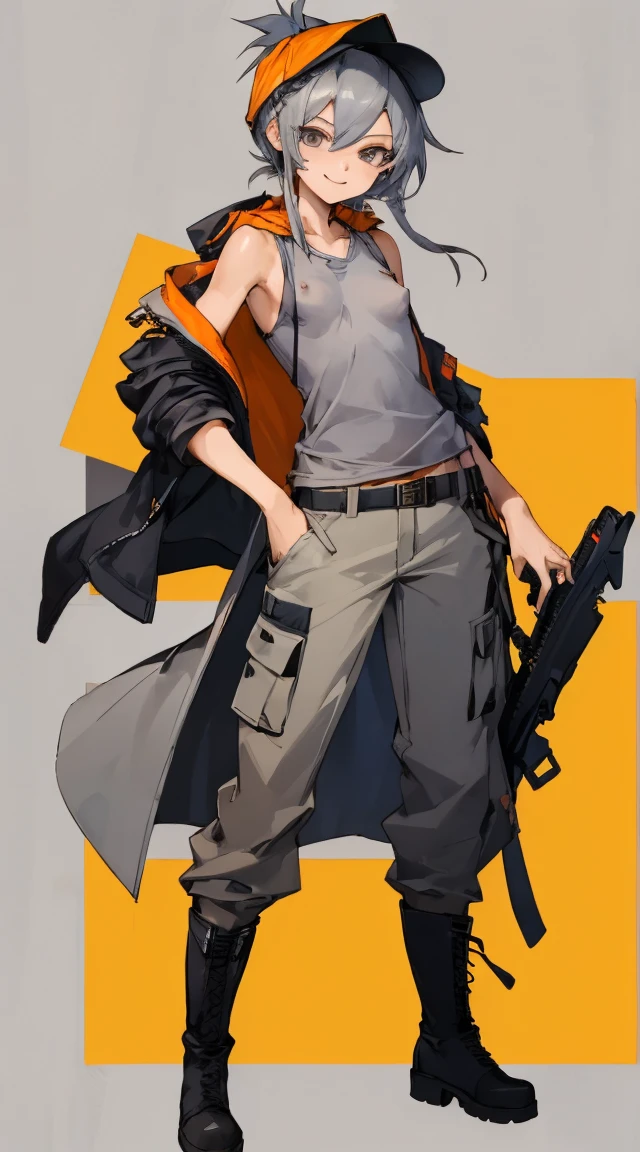 ((highest quality)), ((masterpiece)), (Familiar),,Female Clementine,overload,{{Browsing Caution}},Sleeveless hoodie,Grey Shirt,cargo pants,Captivating smile,whole body,boots,Long coat,Erect nipples,Flat Chest