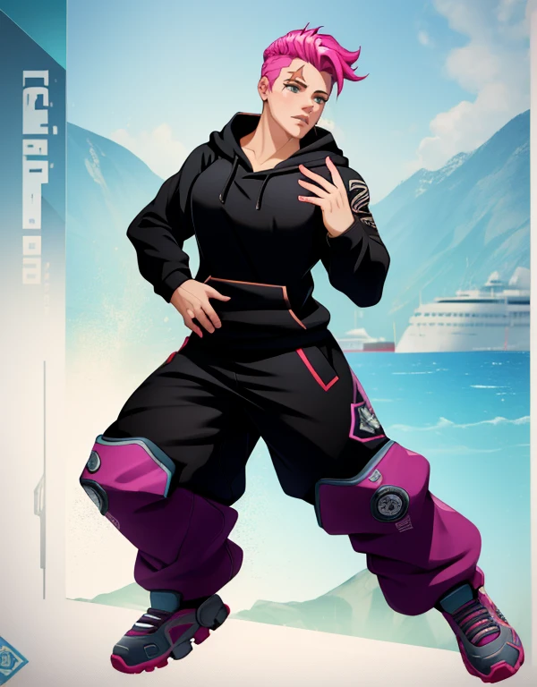 (masterpiece, best quality),  intricate details,
1girl,  zarya, black hoodie, pink sweatpants, full body 