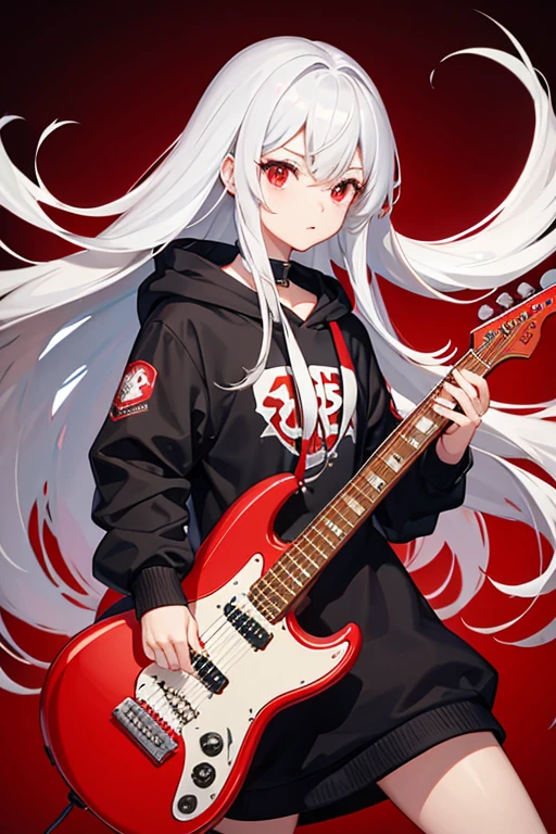 background through, long hair、straight hair、silver hair girl, red eyes、Super high quality, 8K、Upper body、Red background、Band vocals、black hoodie、Red Electric Guitar