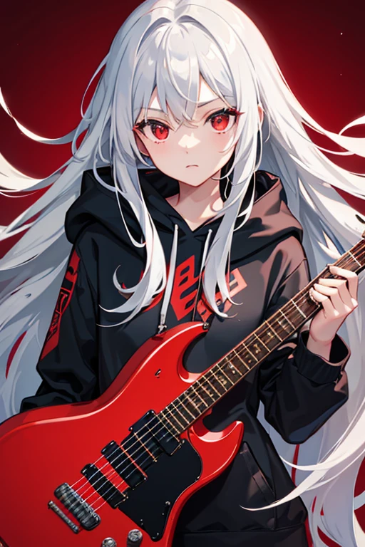 background through, long hair、straight hair、silver hair girl, red eyes、Super high quality, 8K、Upper body、Red background、Band vocals、black hoodie、Red Electric Guitar