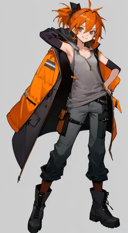 ((highest quality)), ((masterpiece)), (Familiar),,Female Clementine,overload,{{Browsing Caution}},Sleeveless hoodie,Grey Shirt,cargo pants,Captivating smile,whole body,boots,Long coat,Erect nipples,Flat 
