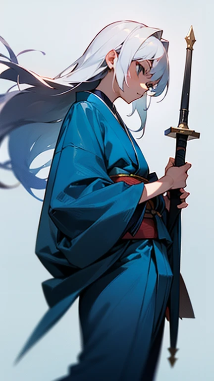 A man with a feminine face, sky blue and white hair, wearing blue and white clothes, kimono, long hair, black background, holding a black sword, looking straight ahead, the most gentle