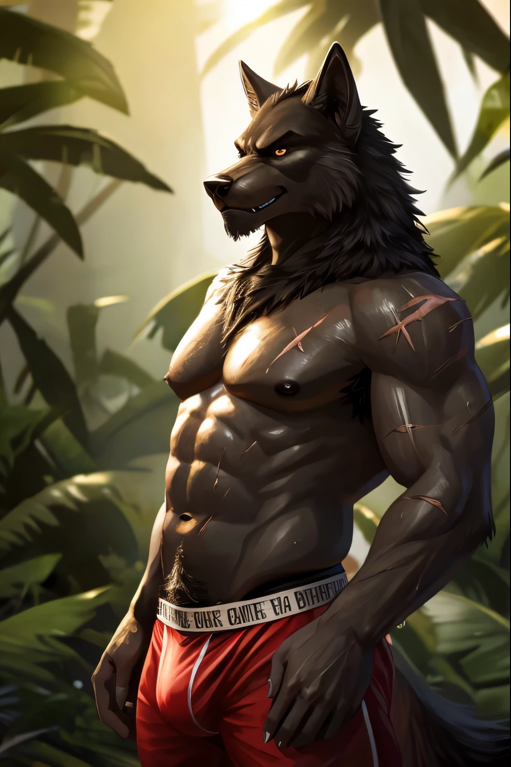 Masterpieces, furry, male, kinky, Anthropomorphic, full body, old age, rugged, black wolf, proper fit body type, slender body type, Delicate eyes, white goatee, white fur, glistening body, thug, ebony skin, depth of field, warm lighting, bright lighting, (best quality),(masterpiece),(ultra detailed), sharp focus, jungle background, fierce look, evil grins, scars, glossy, oiled up skin, shirtless, tight boxer, white armpit hair, white pubes, wet body,