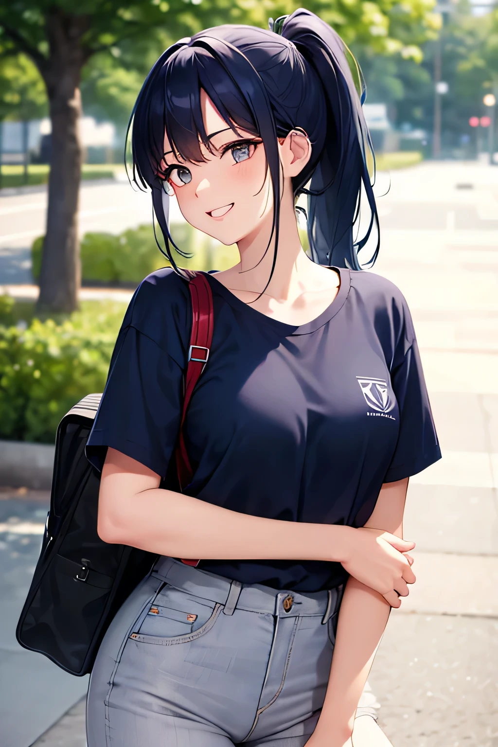 Navy blue hair, ponytail, no bangs, laugh, school background, wealthy, looking straight ahead, student, shirt