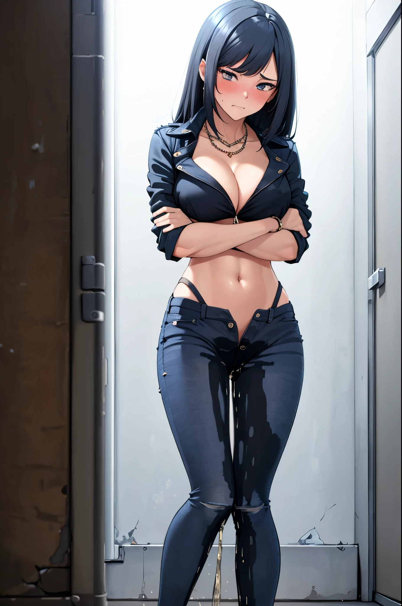 A woman with very long black hair and (very long bangs:1.5), wearing a stylish jacket and tight jeans, (low-rise jeans:1.25), (low-cut jeans:1.25), standing. The artwork is inspired by manga and incorporates a doujin style. The woman appears to be (wetting herself:1.5), which causes her to feel embarrassed and humiliated, resulting in a blush on her face. In addition, there is an air of anger in her expression. The lighting in the scene is moody, with a spotlight highlighting the woman's figure. She is crossing her arms, (arms crossed:1.5), fully showcasing her jeans., large breasts, navel, midriff, groin, mound of venus, cleavage, diamond necklace, unzipped pants, bikini top