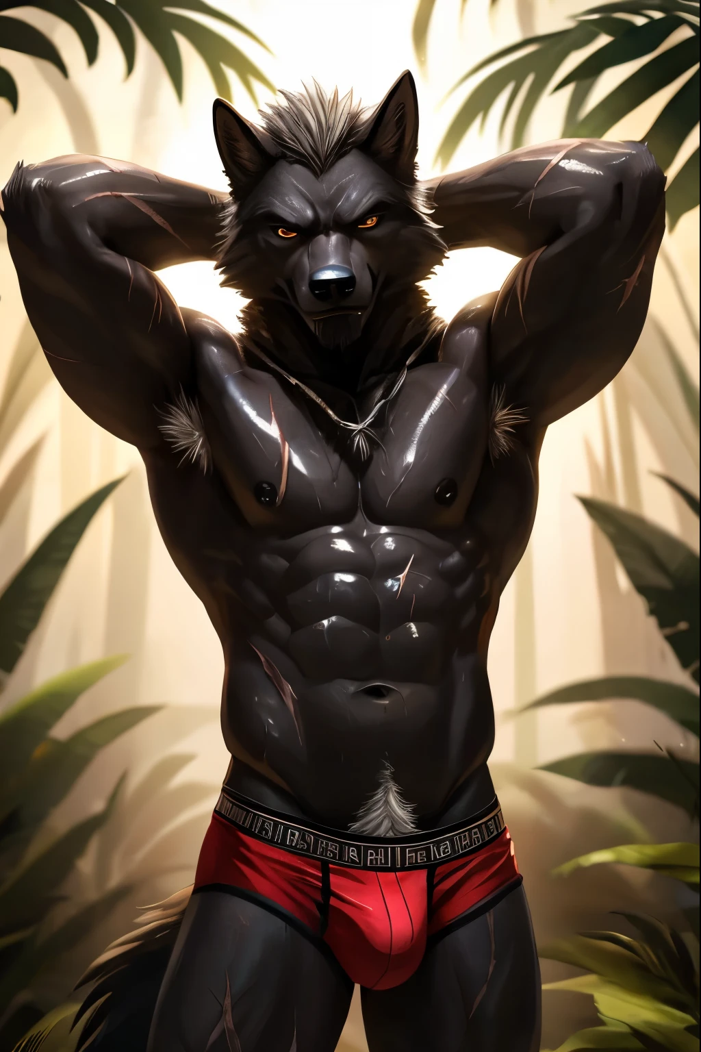 Masterpieces, furry, male, kinky, Anthropomorphic, full body, old age, rugged, black wolf, proper fit body type, slender body type, Delicate eyes, white goatee, white fur, glistening body, thug, ebony skin, depth of field, warm lighting, bright lighting, (best quality),(masterpiece),(ultra detailed), sharp focus, jungle background, fierce look, evil grins, scars, glossy, oiled up skin, shirtless, tight boxer, white armpit hair, white pubes, wet body,