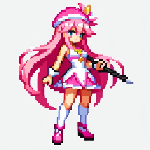 Pixel art, 6-life, full body, facing left, pink and white, holding a spear, magical girl, beret, long hair,  showing shoulders