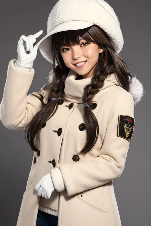 osaki amana, 1girl, hat, gloves, long hair, solo, white background, fur hat, smile, brown hair, looking at viewer, yellow eyes, simple background, fur trim, open mouth, coat, blush, winter clothes, braid, white coat, v, long sleeves, bangs, swept bangs, teeth