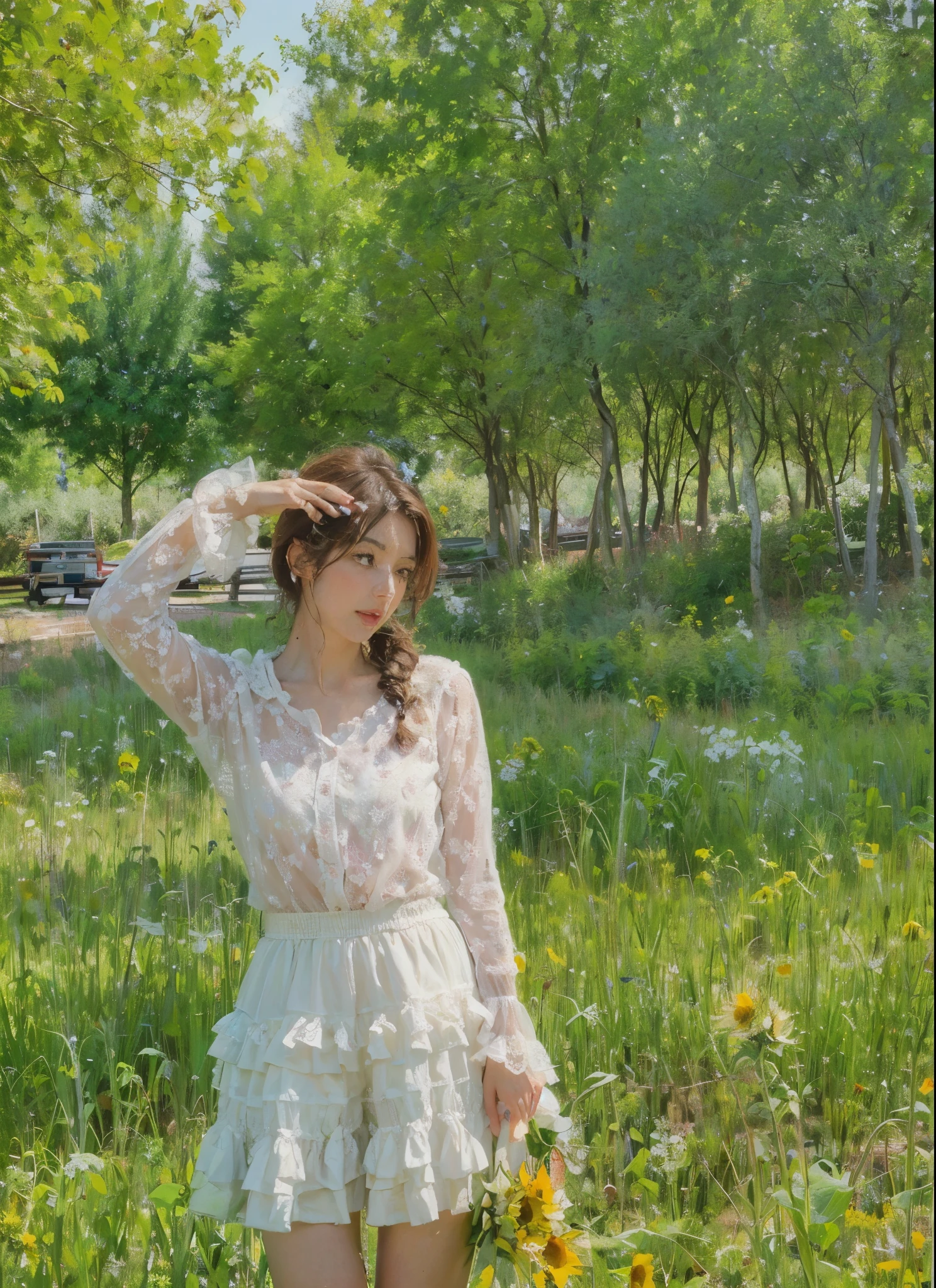 In the spring, There are several tall sunflowers growing in one place. There are clusters of white flowers at the foot of the sunflower, all growing around its feet. There is a woman standing in a field of sunflowers,A masterpiece on canvas in the style of Claude Monet, Claude Monet