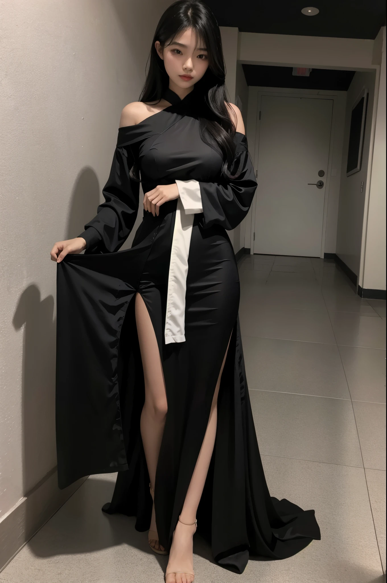 Beautiful, Asian girl, 16 years old, long, wavy black hair, black, floor-length dress