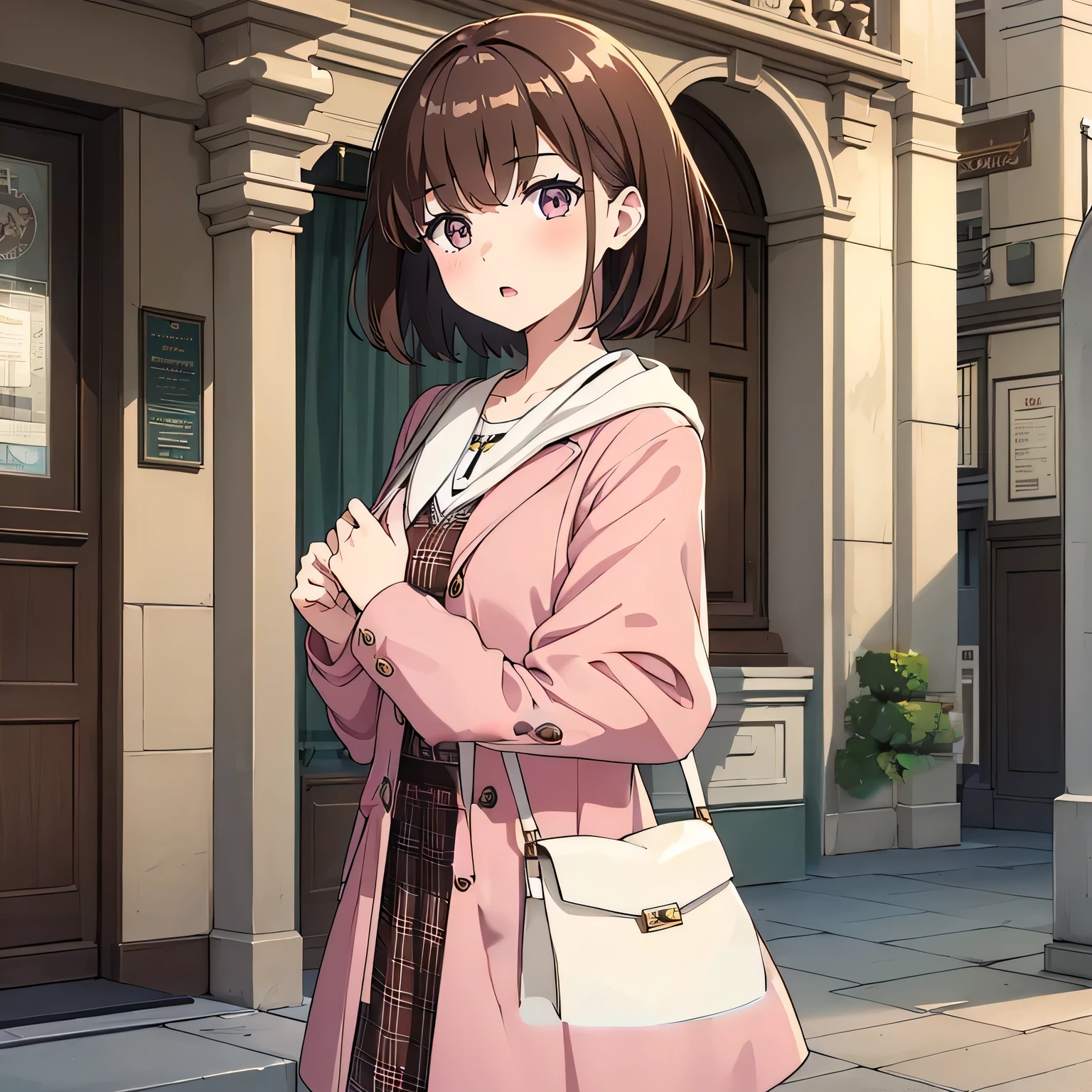 (masterpiece:1.6, highest quality), (Beautiful, detailed eyes: 1.2), ph_Cat, Cathdlong, Cathd, One girl, alone, Brown Hair, short hair, Brown eyes, bag, Open your mouth, handbag, bangs, shoulder bag, blush, Pink jacket,