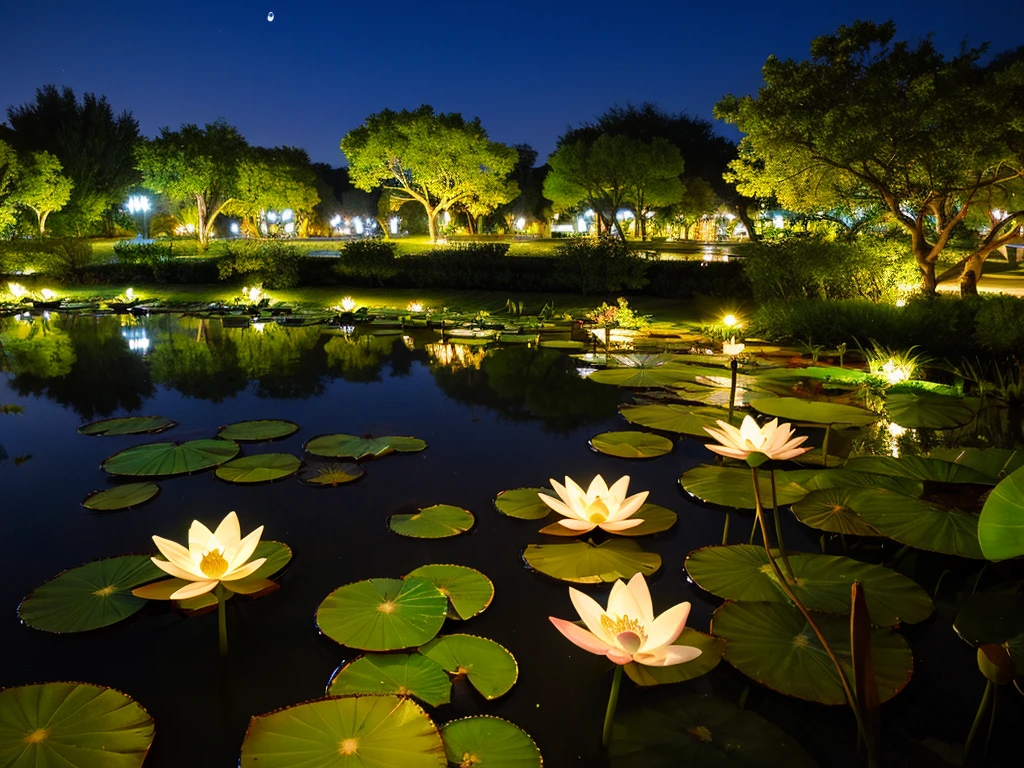 Ultra-detailed,lotus pond，Night view, moonlight，Evening Pond，Chinese style