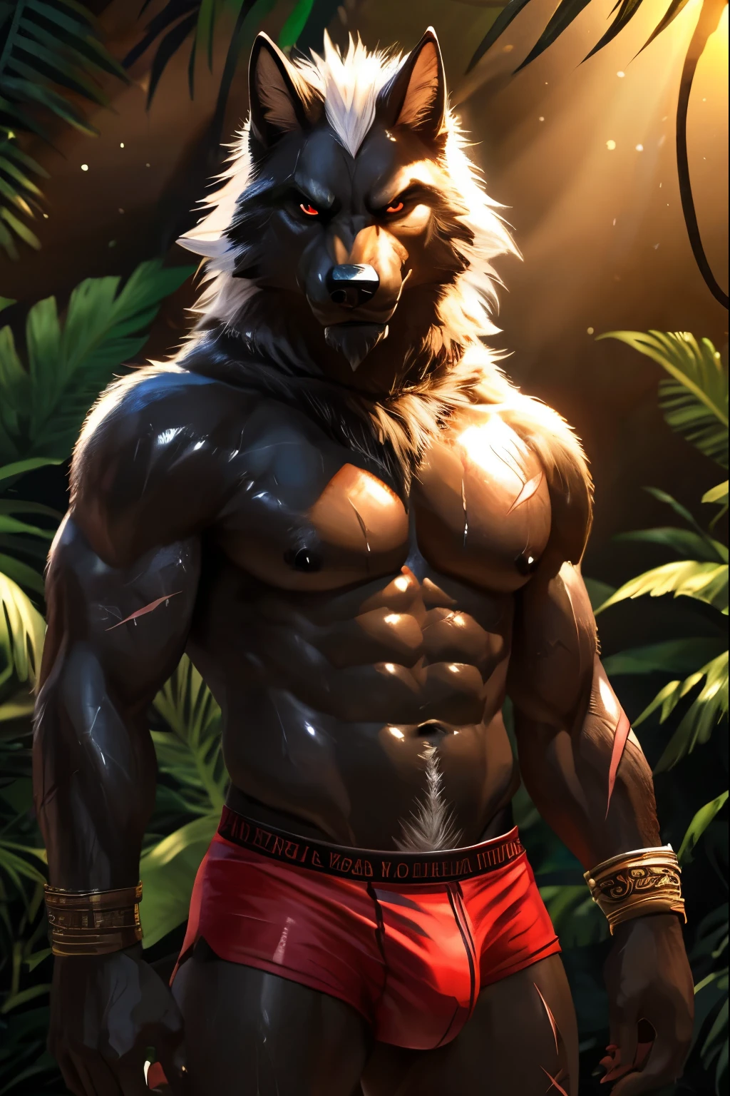 Masterpieces, furry, male, kinky, Anthropomorphic, full body, old age, rugged, black wolf, proper fit body type, slender body type, Delicate eyes, white goatee, white fur, glistening body, thug, ebony skin, depth of field, warm lighting, bright lighting, (best quality),(masterpiece),(ultra detailed), sharp focus, jungle background, fierce look, evil grins, scars, glossy, oiled up skin, shirtless, tight boxer, white armpit hair, white pubes, wet body,