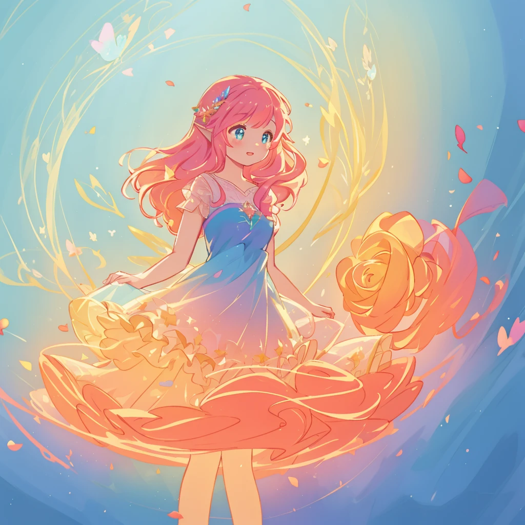 beautiful girl, tiered layered flower petal dress, fairy queen, fairy wings, fairy gown, vibrant pastel colors, (colorful), glowing golden long hair, magical lights, sparkling magical liquid, inspired by Glen Keane, inspired by Lois van Baarle, disney art style, by Lois van Baarle, glowing aura around her, by Glen Keane, jen bartel, glowing lights! digital painting, flowing glowing hair, glowing flowing hair, beautiful digital illustration, fantasia background, whimsical, magical, fantasy, ((beautiful face)), ((masterpiece, best quality)), intricate details, highly detailed, sharp focus, 8k resolution, sparkling detailed eyes, liquid watercolor