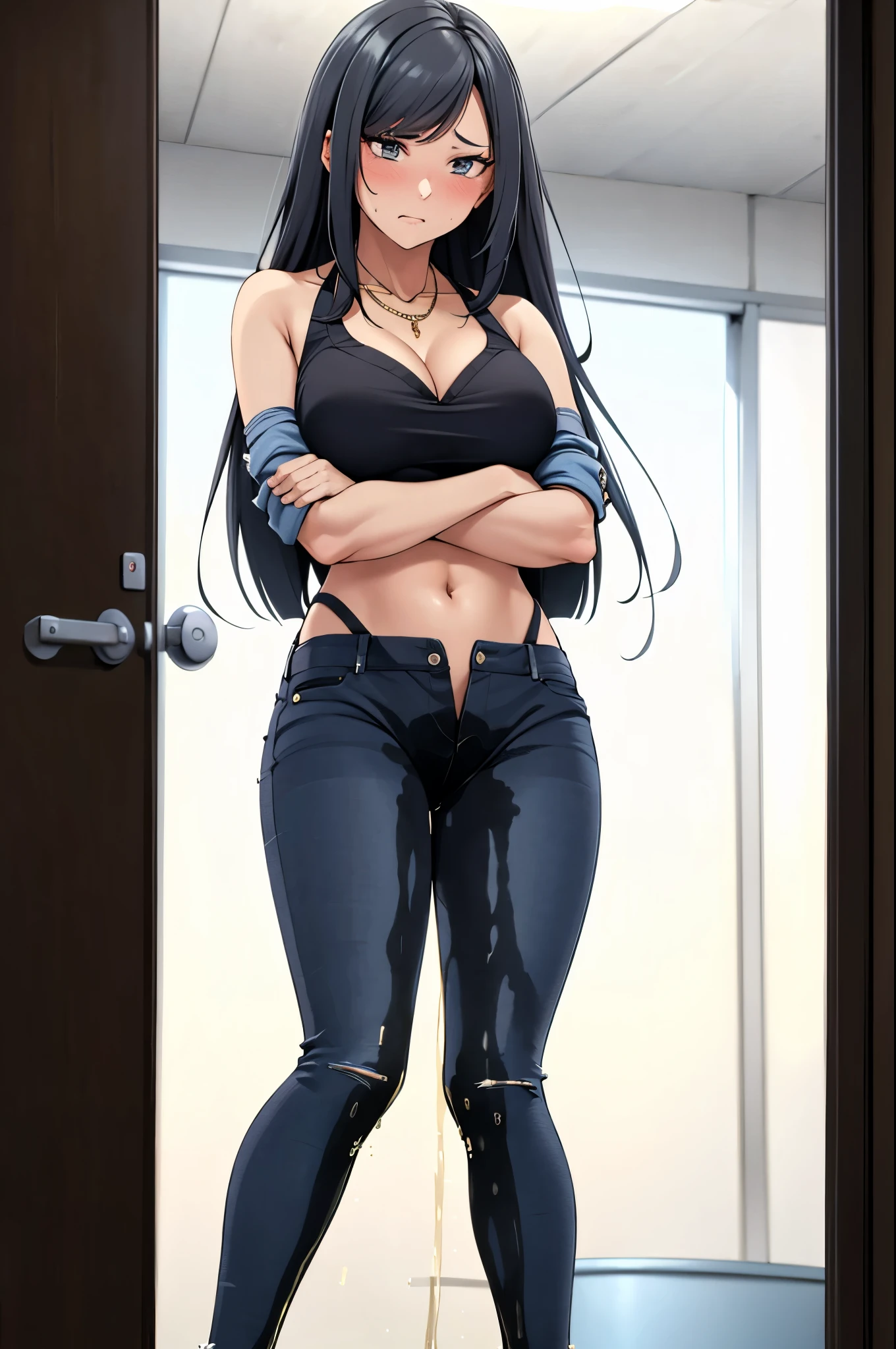 A woman with very long black hair and (very long bangs:1.5), wearing a (stylish long jacket:1.5) and tight jeans, (low-rise jeans:1.25), (low-cut jeans:1.25), standing. The artwork is inspired by manga and incorporates a doujin style. The woman appears to be (wetting herself:1.5), which causes her to feel incredibly embarrassed and humiliated, resulting in an intense and vibrant blush on her face. She is tightly grabbing her crotch with both hands in desperation (grabbing crotch:1.25), (covering crotch:1.25), (hands between legs., there is also a look of anger in her expression. The lighting in the scene is moody, with a spotlight highlighting the woman's figure. She has a very large pee stain on her jeans., large breasts, navel, midriff, groin, mound of venus, cleavage, diamond necklace, bikini top, thin