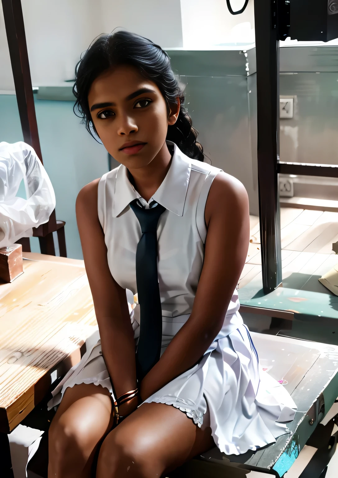 Raw photo , 1 girl  ,Wearing white frock and color tie, white shoes ,sri lanka teen school girl, with plait, big breasts, sitting on the ground and spreading legs  , professional photographer, (hdr:1.4), masterpiece, ultra-realistic 8k, perfect artwork, intrincate details, cute face, award winning photograph, (Best quality, 8k, 32k, Masterpiece, UHD:1.3) ,